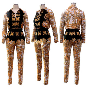 Sexy Two Piece Sets Tracksuit Women Vintage Print Long Sleeve Shirt Tops and Pencil Pants Clubwear 2 Pcs Outfits Sweat Suits