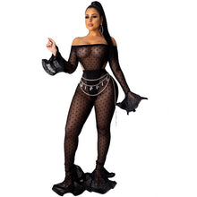 Load image into Gallery viewer, Sexy Mesh 2 Piece Set Women Club Outfits Festival Clothing Party Bodysuit Top and Flare Pants Set Two Piece Matching Women Sets