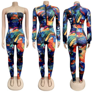 Casual Print 2 Piece Set Women Tracksuit Autumn Winter Outfit Bodycon Jumpsuit Top Two Piece Long Pants Set Sport Suit Women Set