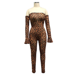 Autumn Sexy Club Rompers Womens Jumpsuit Long Trousers Pants Romper Off Shoulder Leopard Print Party Bodycon Jumpsuit Overalls