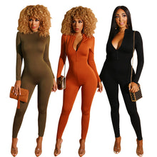 Load image into Gallery viewer, Solid One Piece Rompers Womens Jumpsuit Sexy Front Zip Turtleneck Slim Skinny Bodycon Jumpsuit Casual Fitness Bodysuit Catsuit