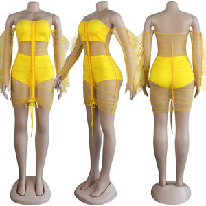 Sexy Bodycon Backless Dress Women Yellow Ruffle Sheer Mesh Long Sleeve Ruched Dress Autumn Elegant Short Party Club Dress Mini