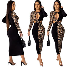 Load image into Gallery viewer, Hollow Out Sexy Bodycon Dress Women Leopard Patchwork Midi Elegant Party Dress Autumn Winter Long Sleeve Bandage Club Dress