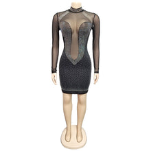 Load image into Gallery viewer, Rhinestone Sexy Long Sleeve Party Dress Elegant Bodycon Club Dress Transparent Mesh Patchwork Mini Short Dress