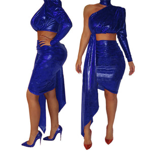 Sexy Celebrity Metallic Glitter Party Dresses Women One Shoulder Turtleneck Long Sleeve Bodycon Dress Elegant Draped Club Dress