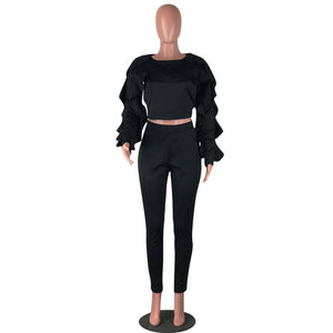 Ladies Autumn Winter Sweat Suits 2 Piece Set Women Long Sleeve Ruffle Crop Top and Pencil Pants Casual Tracksuit Two Piece Sets