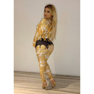 Sexy Two Piece Sets Tracksuit Women Vintage Print Long Sleeve Shirt Tops and Pencil Pants Clubwear 2 Pcs Outfits Sweat Suits