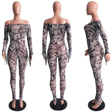 Load image into Gallery viewer, Dollar Printed Jumpsuit Women Fall Off Shoulder Long Sleeve Bodycon Jumpsuits and Rompers Female Slash Neck Skinny Sexy Overalls