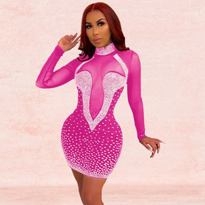 Rhinestone Sexy Long Sleeve Party Dress Elegant Bodycon Club Dress Transparent Mesh Patchwork Mini Short Dress