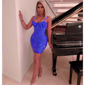 Sparkly Rhinestone Sexy Night Club Party Dress Women Spaghetti Strap Backless Bodycon Mini Dress Elegant Festival Glitter Dress