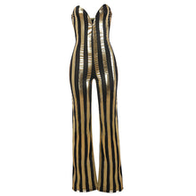 Load image into Gallery viewer, Women Dressy Strapless Jumpsuit Sexy V-Neck High Waist Black Gold Striped Print Wide Leg Pants Romper Party Formal Jumpsuits