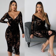 Load image into Gallery viewer, Elegant Black Lace Dress Women Sexy Midi Bodycon Party Dress Long Sleeve V Neck Split See Through Sheer Mesh Bodycon Club Dress