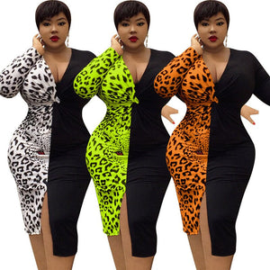 Leopard Tiger Print Patchwork Party Club Dresses Women Sexy Split Draped Night Bodycon Midi Dress Plus Size