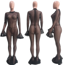 Load image into Gallery viewer, Women Mesh See-through Sexy Jumpsuit Autumn Long Sleeve Hollow Out One Piece Overalls Flare Pants Nightclub Party Romper