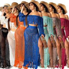 Load image into Gallery viewer, Fringed Tassel Summer Beach Dress Women Sexy Off Shoulder Maxi Dress Long Sleeve Boho Knit Crochet Hollow Out Party Long Dress