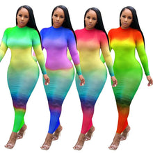 Load image into Gallery viewer, Rainbow Tie Dye Sheer Mesh Bodycon Maxi Dress Women Fall Long Sleeve See Through Bandage Dress Sexy Night Club Party Long Dress