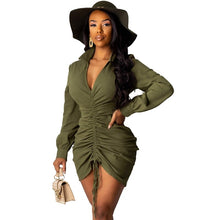 Load image into Gallery viewer, Sexy Party Dress Long Sleeve V Neck Green Mini Ruched Dress Autumn Winter Elegant Short Club Bodycon Dress Vestidos