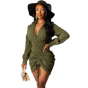 Sexy Party Dress Long Sleeve V Neck Green Mini Ruched Dress Autumn Winter Elegant Short Club Bodycon Dress Vestidos