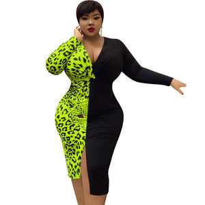 Leopard Tiger Print Patchwork Party Club Dresses Women Sexy Split Draped Night Bodycon Midi Dress Plus Size