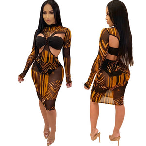 Hollow Out Sexy Party Dress Women Long Sleeve 3 Piece Sheer Mesh Print Mini Dress Autumn Backless Short Bodycon Club Dresses