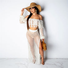 Load image into Gallery viewer, Fringed Tassel Summer Beach Dress Women Sexy Off Shoulder Maxi Dress Long Sleeve Boho Knit Crochet Hollow Out Party Long Dress