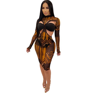 Hollow Out Sexy Party Dress Women Long Sleeve 3 Piece Sheer Mesh Print Mini Dress Autumn Backless Short Bodycon Club Dresses