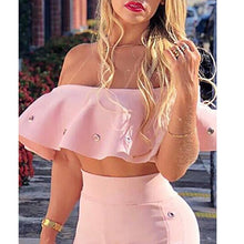 Load image into Gallery viewer, Women Ruffle Sexy Two Piece Set Top and Pants Off Shoulder Crop Top Elegant Pink 2 Piece Matching Set Outfits Flare Pants Set