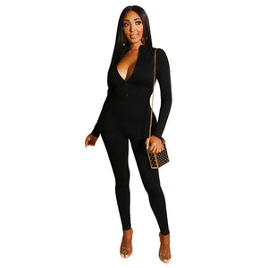 Solid One Piece Rompers Womens Jumpsuit Sexy Front Zip Turtleneck Slim Skinny Bodycon Jumpsuit Casual Fitness Bodysuit Catsuit