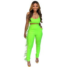 Load image into Gallery viewer, Neon Women Casual Two Piece Set Crop Top and Pants Set Festival Clothing Feather Bodycon 2 Piece Sexy Club Outfits Matching Sets