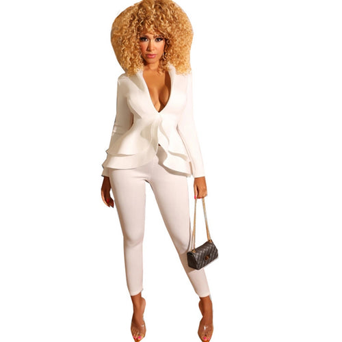 Ruffle Sexy Two Piece Pants Set Women Outfits White Blazer Jacket Top and Pants Suit Set Elegant 2 Piece Women Suits Office Sets