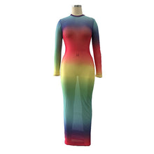 Load image into Gallery viewer, Rainbow Tie Dye Sheer Mesh Bodycon Maxi Dress Women Fall Long Sleeve See Through Bandage Dress Sexy Night Club Party Long Dress