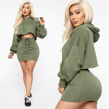 Load image into Gallery viewer, Spring Autumn Two Piece Skirt Set Women Hooded Long Sleeve Sweatshirt Crop Top and Mini Skirt Casual Club 2 Piece Outfits