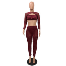 Load image into Gallery viewer, Sexy Mesh Sheer Ruched Two Pieces Set Women Long Sleeve See Through Cut Out Crop Top + Ankle-Length Pants Party Matching Outfits