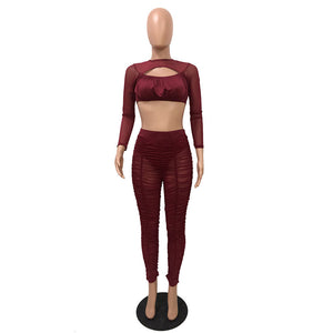 Sexy Mesh Sheer Ruched Two Pieces Set Women Long Sleeve See Through Cut Out Crop Top + Ankle-Length Pants Party Matching Outfits