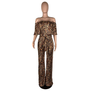 Sexy Leopard Jumpsuit Women Off Shoulder Wide Leg Jumpsuit Loose Backless Long Playsuit Romper Club Party Overalls for Women