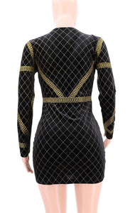 Sexy Elegant Gold Glitter Dress Women Clothes Winter Long Sleeve V Neck Geometric Printed Bodycon Birthday Party Club Dress