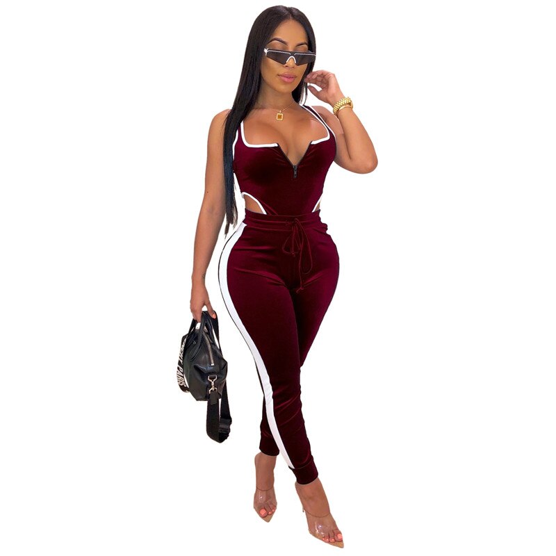 Sexy Two Piece Set Zipper Bodysuit Top and Long Pants Women Side Striped Velvet Fall 2 Piece Club Outfits Bodycon Matching Sets