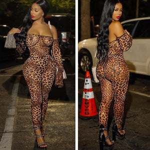 Autumn Sexy Club Rompers Womens Jumpsuit Long Trousers Pants Romper Off Shoulder Leopard Print Party Bodycon Jumpsuit Overalls