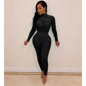 Ruched Mesh Sheer Sexy Bodycon Jumpsuit Women See Through Long Sleeve Party Club Rompers Womens Jumpsuit One Piece Overalls