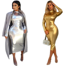 Load image into Gallery viewer, Gold Silver Bright Metallic Club Party Dress Women Long Sleeve Turtleneck Bodycon Midi Dress Elegant Sexy Dress Vestido De Festa