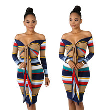 Load image into Gallery viewer, Knot Striped Ribbed Off The Shoulder Dress Women Long Sleeve High Waist Hollow Out Front Party Club Wear Sexy Bodycon Dress