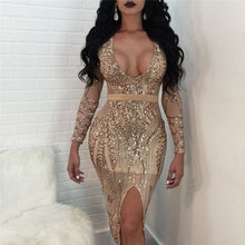 Load image into Gallery viewer, Sexy Sheer Glitter Sequin Party Dresses Women Long Sleeve Plunge V Neck Front Split See Through Sparkly Bodycon Dress Clubwear