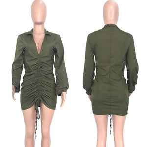 Sexy Party Dress Long Sleeve V Neck Green Mini Ruched Dress Autumn Winter Elegant Short Club Bodycon Dress Vestidos