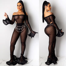 Load image into Gallery viewer, Sexy Mesh 2 Piece Set Women Club Outfits Festival Clothing Party Bodysuit Top and Flare Pants Set Two Piece Matching Women Sets