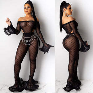 Sexy Mesh 2 Piece Set Women Club Outfits Festival Clothing Party Bodysuit Top and Flare Pants Set Two Piece Matching Women Sets