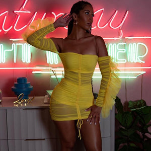 Sexy Bodycon Backless Dress Women Yellow Ruffle Sheer Mesh Long Sleeve Ruched Dress Autumn Elegant Short Party Club Dress Mini