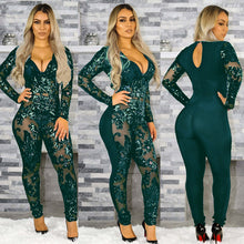 Load image into Gallery viewer, See Through Black Sequin Jumpsuit Women Long Sleeve Sparkly Bodycon Jumpsuits Sexy Rompers Glitter Club Party Jumpsuits Overalls