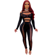 Load image into Gallery viewer, Black Hollow Out Sexy Bandage Jumpsuit Women Mesh Sheer Long Sleeve Backless Skinny Bodysuit Female Bodycon Party Romper Overall