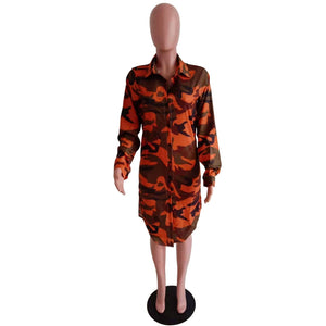 Autumn Long Shirt Dress Women Long Sleeve Camouflage Print Knee Length Casual Dresses Streetwear Button Oversize T Shirt Dress