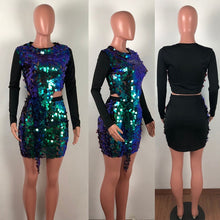 Load image into Gallery viewer, Sexy Sequin Two Piece Set Women Elegant 2 Piece Club Outfits Autumn Crop Top and Bodycon Skirt Set Party Matching Sets for Women